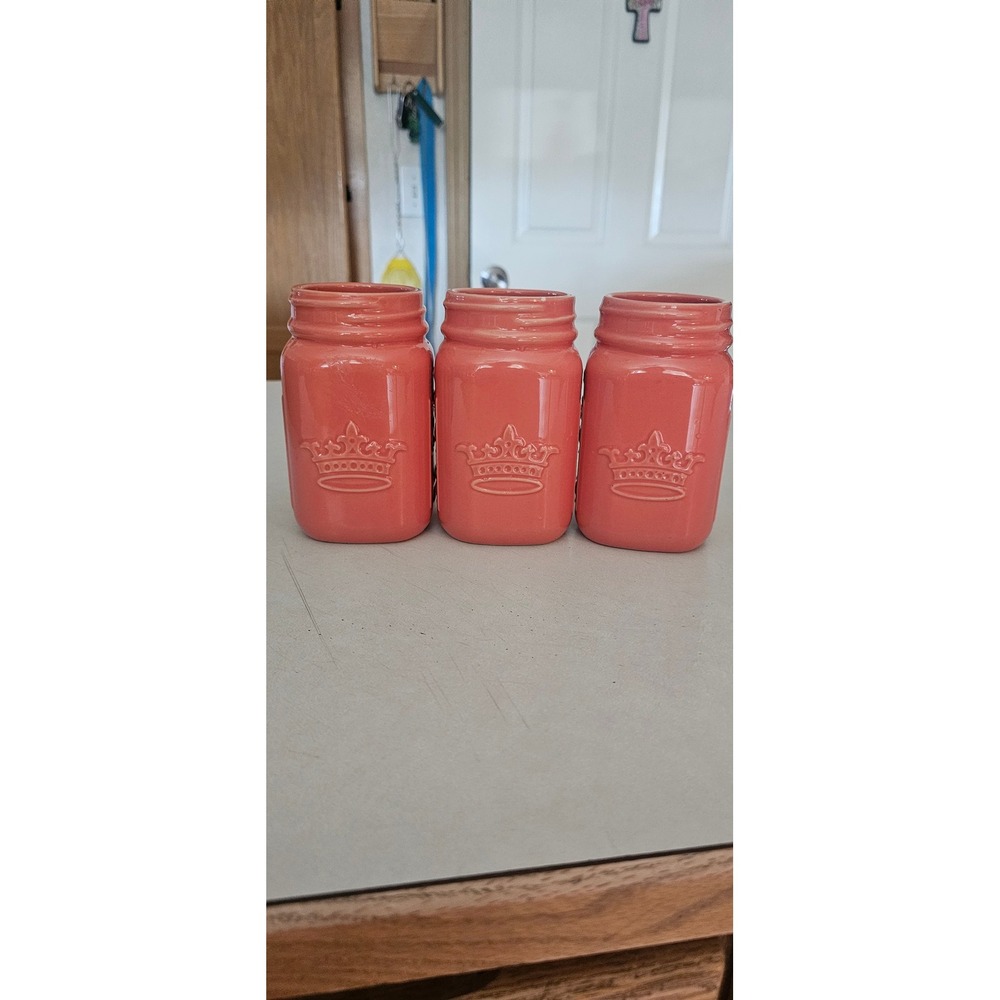 Set of 3 Coral Pink Ceramic Mason‎ Jar Canisters Crown Embossed 12oz Measurement